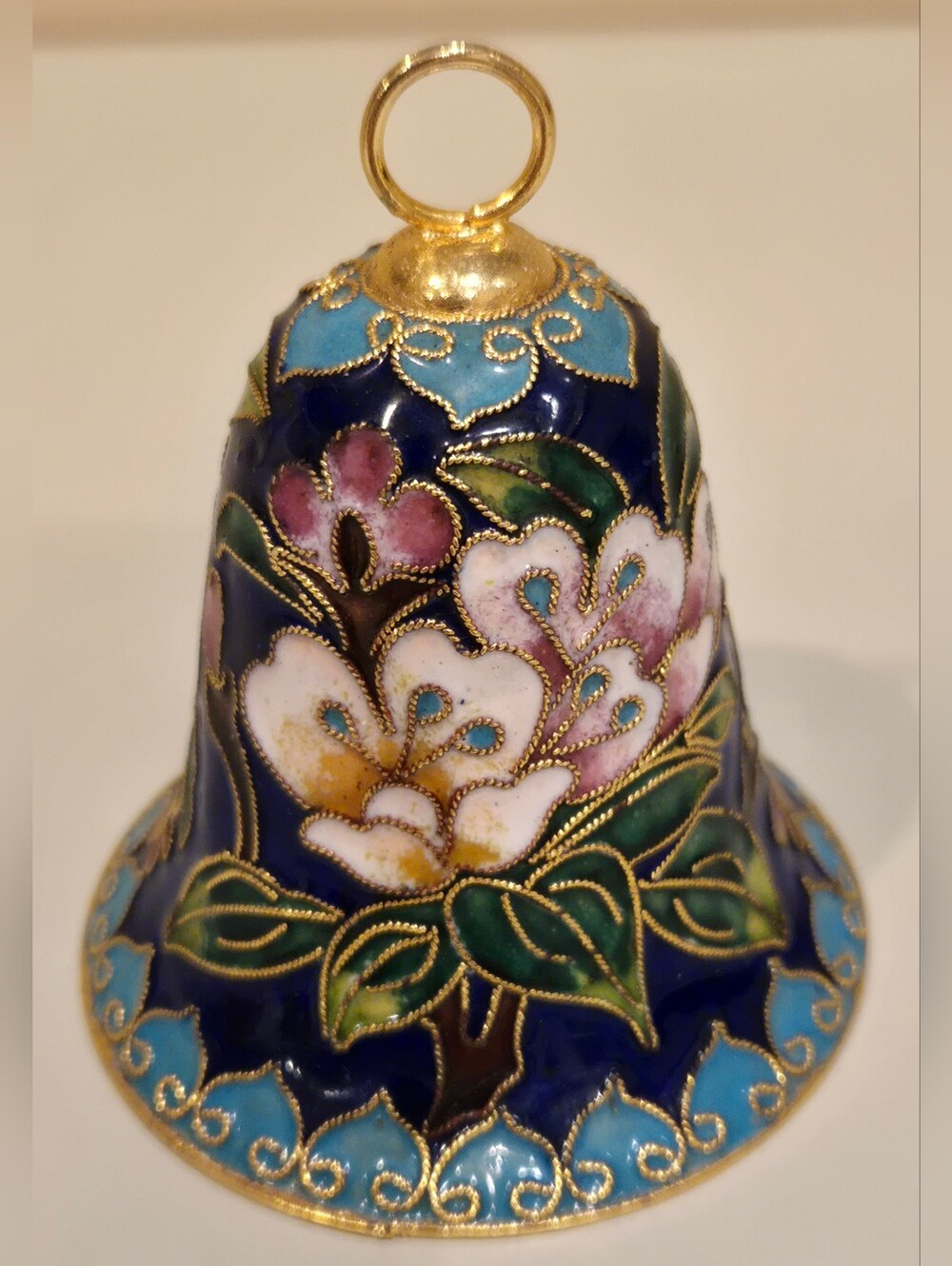 Hand-Painted Cloisonné Floral Bell Ornament - Blue